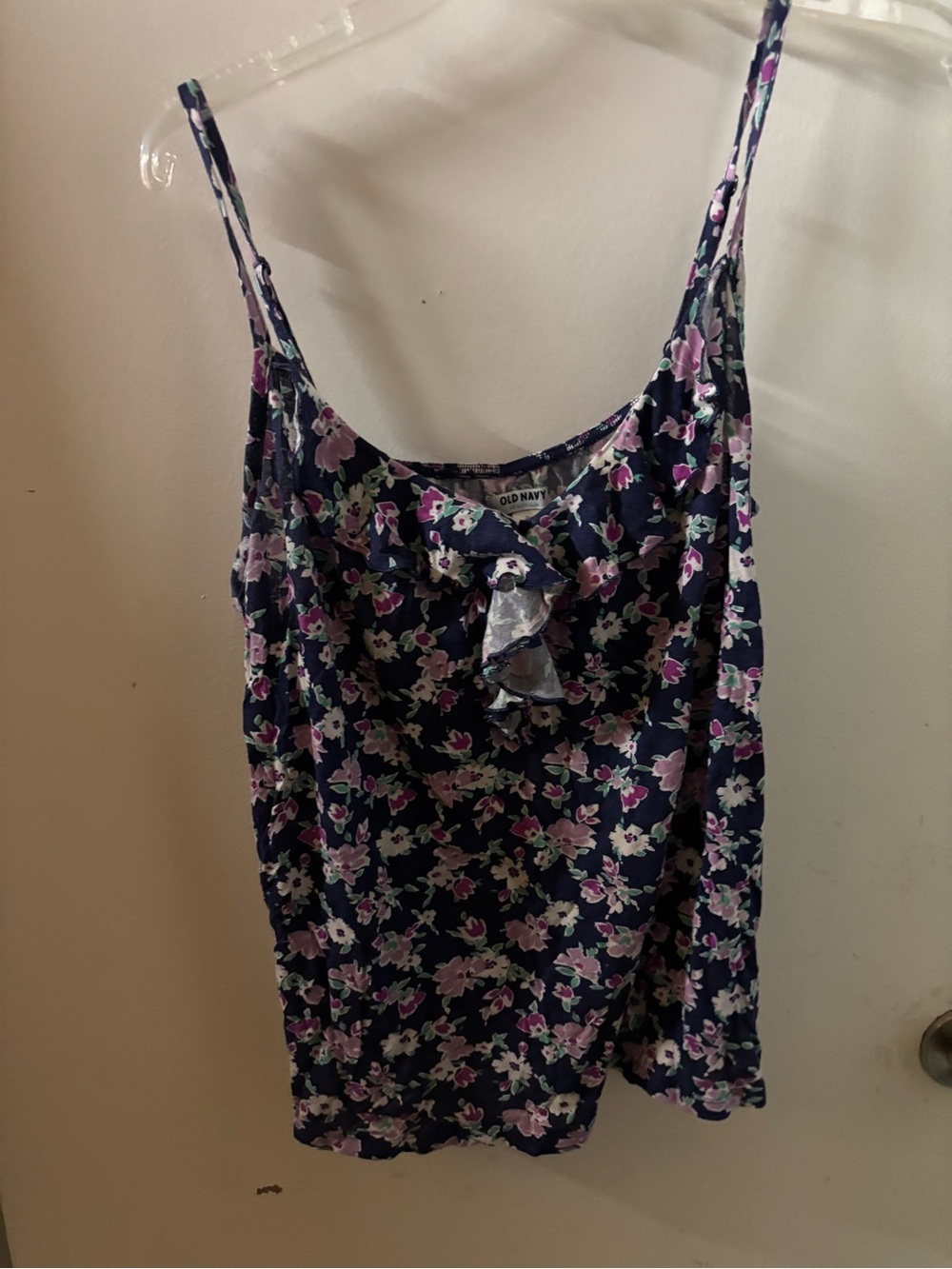 Old Navy Navy Floral Ruffle Cami with Pink and White Blooms